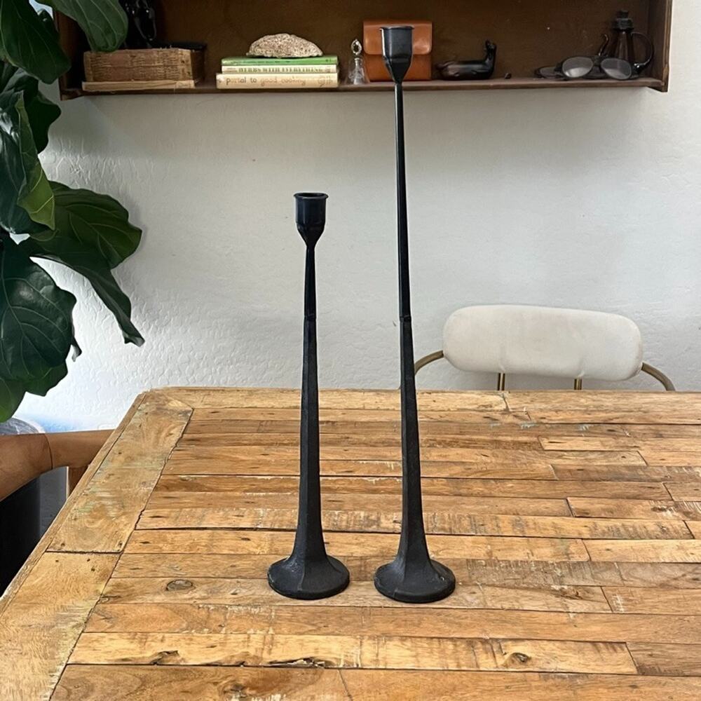 Black Cast Iron Candle Holders (2) Tall Slender Matte Finish Round Base